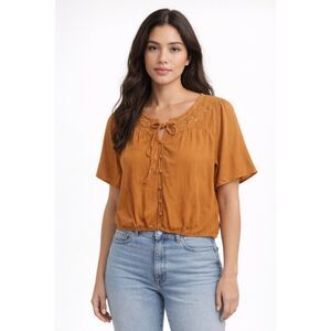 Lark & Grey Crop Top Womens Large Orange Embroiderd Boho Tassel Blouse